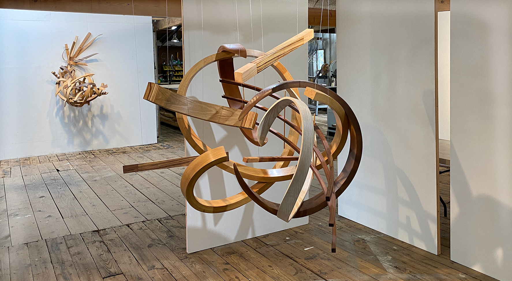Rick Maxwell bent wood sculpture in his studio
